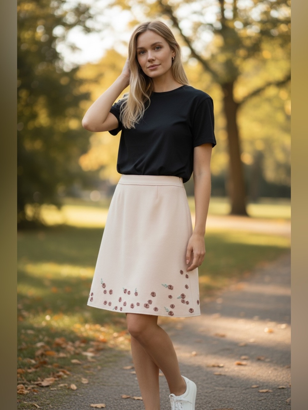 Tocca Vintage Cream Wool and Cashmere Skirt with Embroidered Floral Hem -Size 12